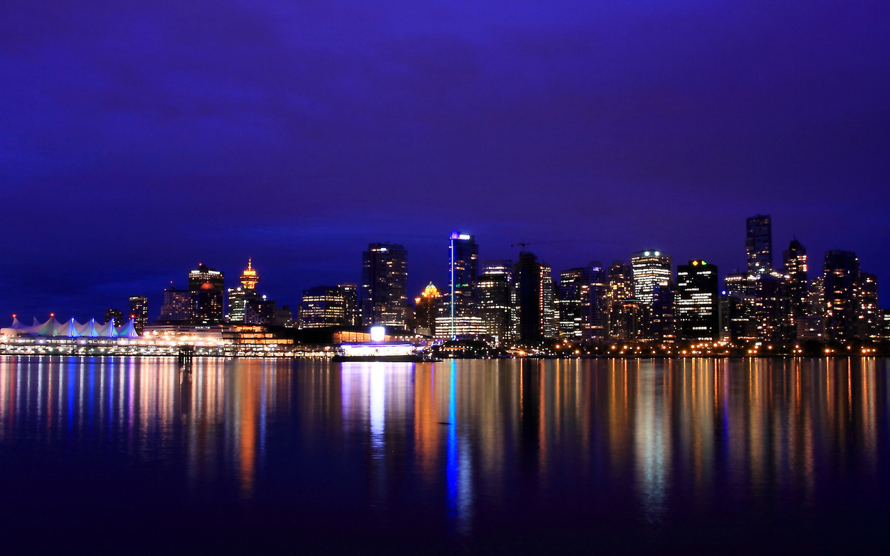 british columbia, lights, river, vancouver, night city, canada