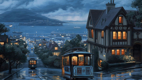 city, street, painting, eugeny lushpin, port, lushpin, An evening journey, landscape, evening