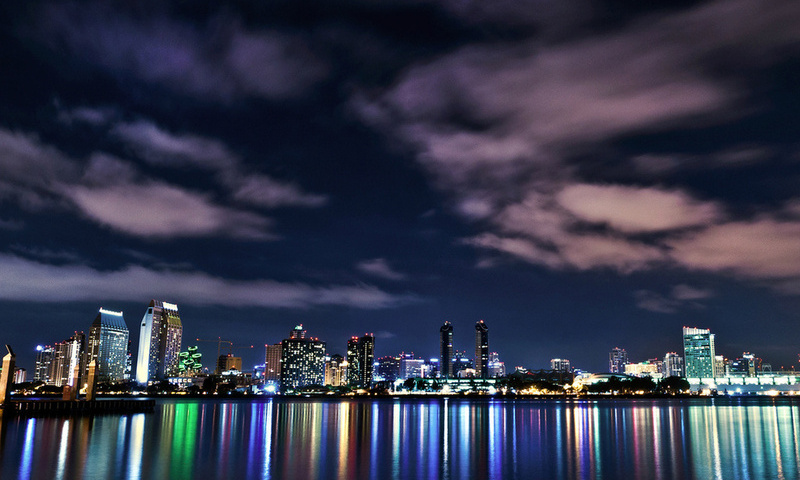 buildings, sky, night, california, usa, lights, san diego, downtown