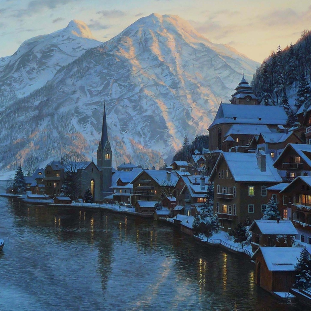 hallstatt, austria, Eugeny lushpin, lake, mountain, lushpin, painting, alps, town, village