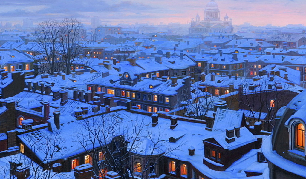 houses, st petersburg, st petersburg roofs, roofs, evening, Eugeny lushpin, snow, winter