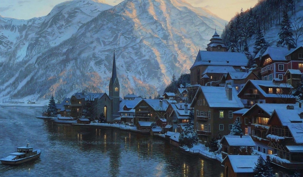 hallstatt, austria, Eugeny lushpin, lake, mountain, lushpin, painting, alps, town, village