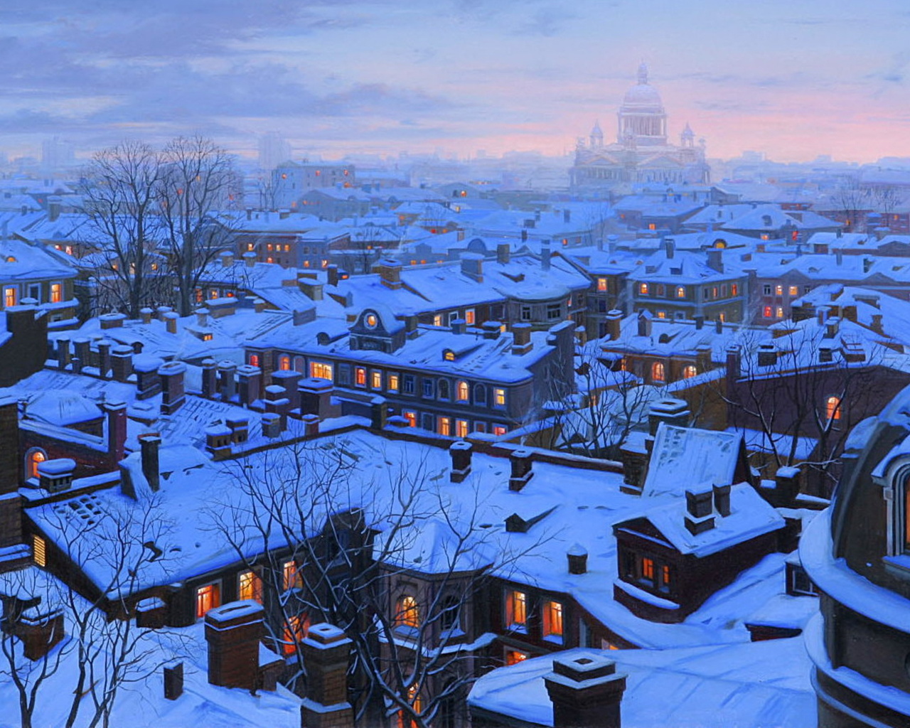 houses, st petersburg, st petersburg roofs, roofs, evening, Eugeny lushpin, snow, winter