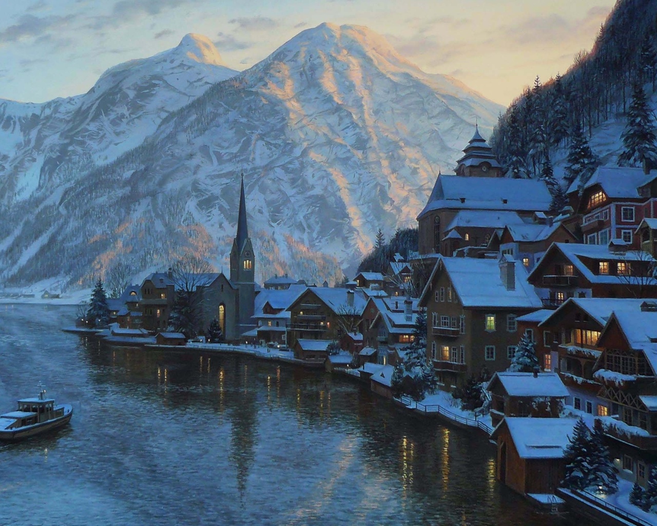 hallstatt, austria, Eugeny lushpin, lake, mountain, lushpin, painting, alps, town, village