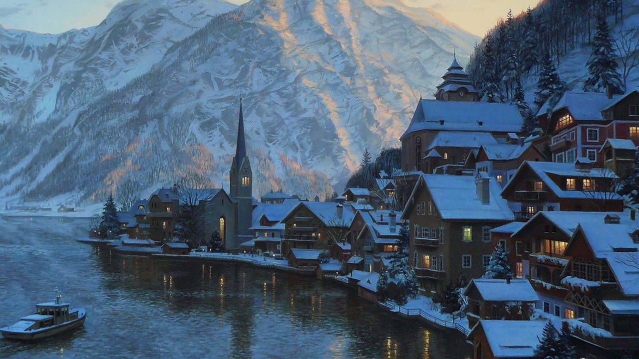 hallstatt, austria, Eugeny lushpin, lake, mountain, lushpin, painting, alps, town, village