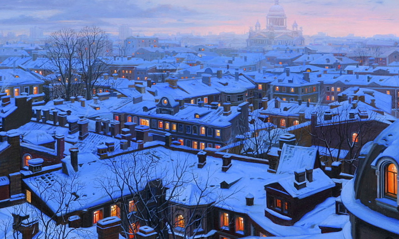 houses, st petersburg, st petersburg roofs, roofs, evening, Eugeny lushpin, snow, winter