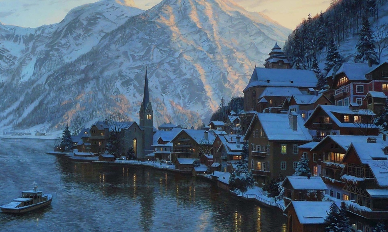 hallstatt, austria, Eugeny lushpin, lake, mountain, lushpin, painting, alps, town, village