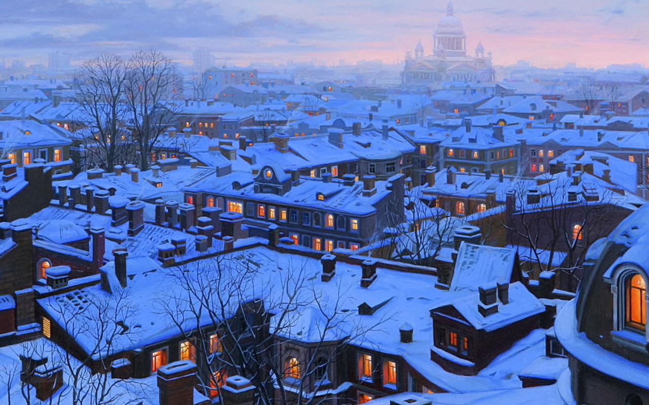 houses, st petersburg, st petersburg roofs, roofs, evening, Eugeny lushpin, snow, winter