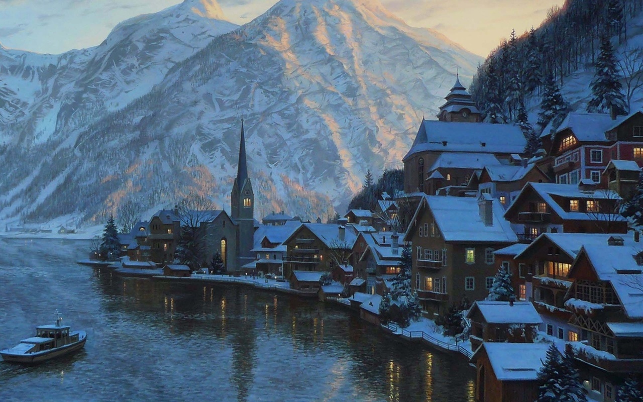 hallstatt, austria, Eugeny lushpin, lake, mountain, lushpin, painting, alps, town, village