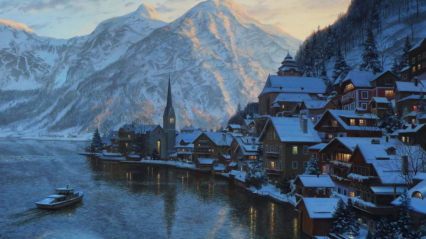 hallstatt, austria, Eugeny lushpin, lake, mountain, lushpin, painting, alps, town, village