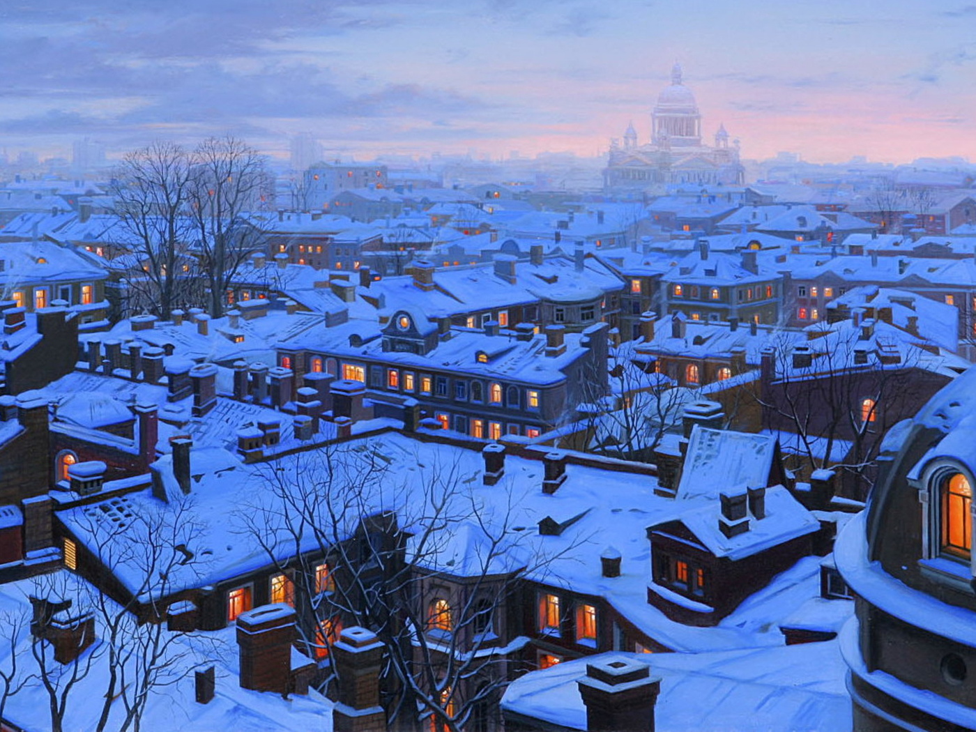 houses, st petersburg, st petersburg roofs, roofs, evening, Eugeny lushpin, snow, winter