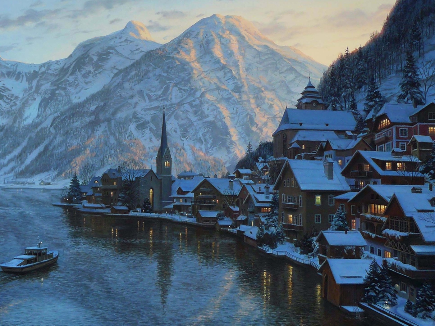 hallstatt, austria, Eugeny lushpin, lake, mountain, lushpin, painting, alps, town, village