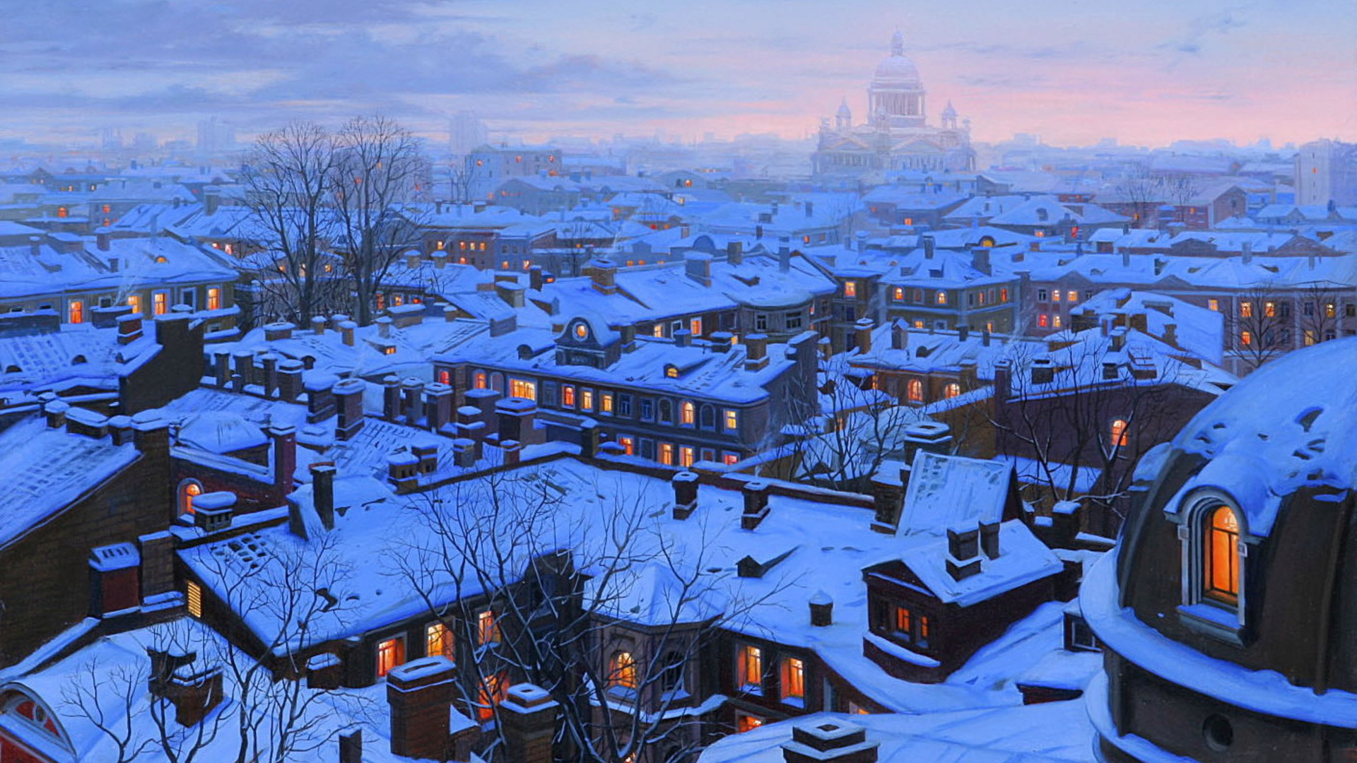 houses, st petersburg, st petersburg roofs, roofs, evening, Eugeny lushpin, snow, winter