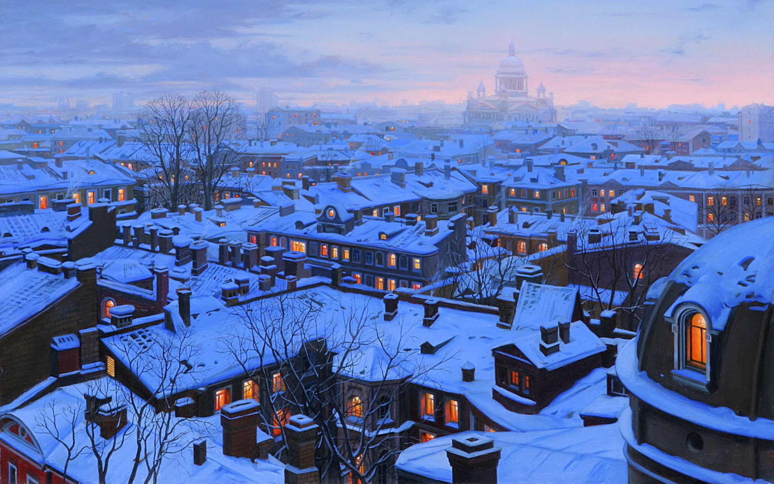 houses, st petersburg, st petersburg roofs, roofs, evening, Eugeny lushpin, snow, winter