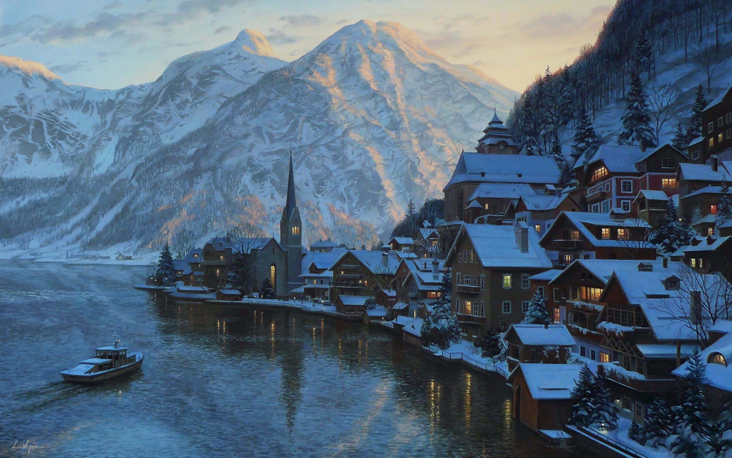 hallstatt, austria, Eugeny lushpin, lake, mountain, lushpin, painting, alps, town, village