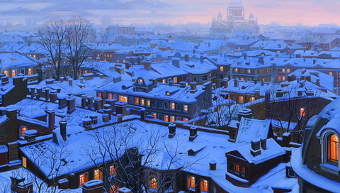 houses, st petersburg, st petersburg roofs, roofs, evening, Eugeny lushpin, snow, winter