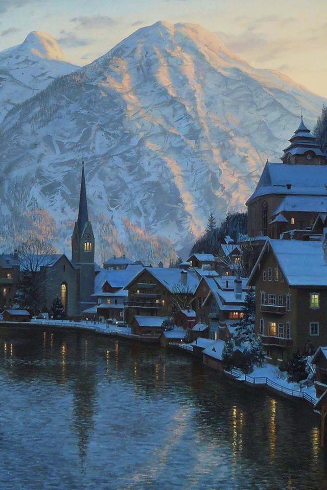 hallstatt, austria, Eugeny lushpin, lake, mountain, lushpin, painting, alps, town, village