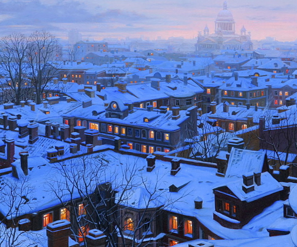 houses, st petersburg, st petersburg roofs, roofs, evening, Eugeny lushpin, snow, winter