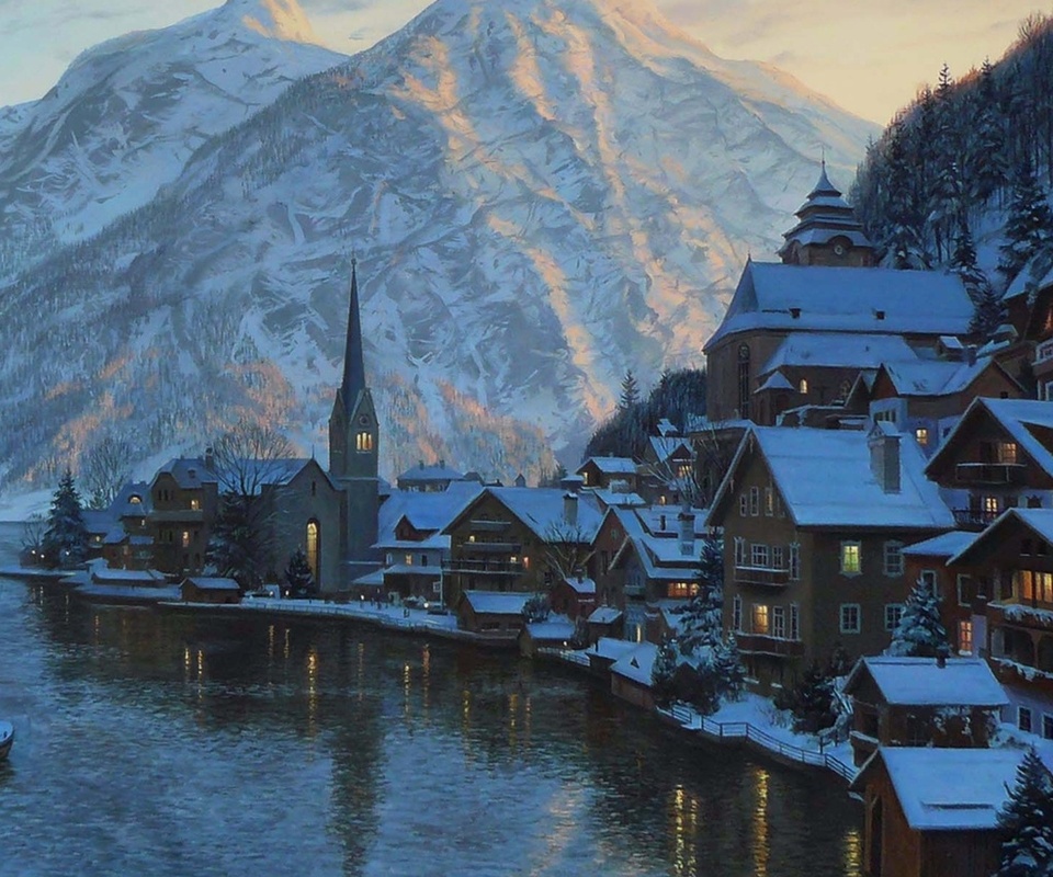 hallstatt, austria, Eugeny lushpin, lake, mountain, lushpin, painting, alps, town, village