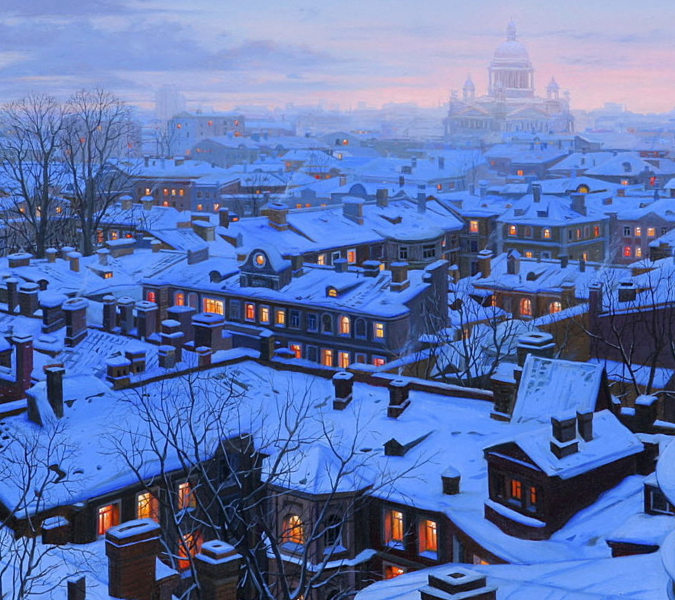 houses, st petersburg, st petersburg roofs, roofs, evening, Eugeny lushpin, snow, winter