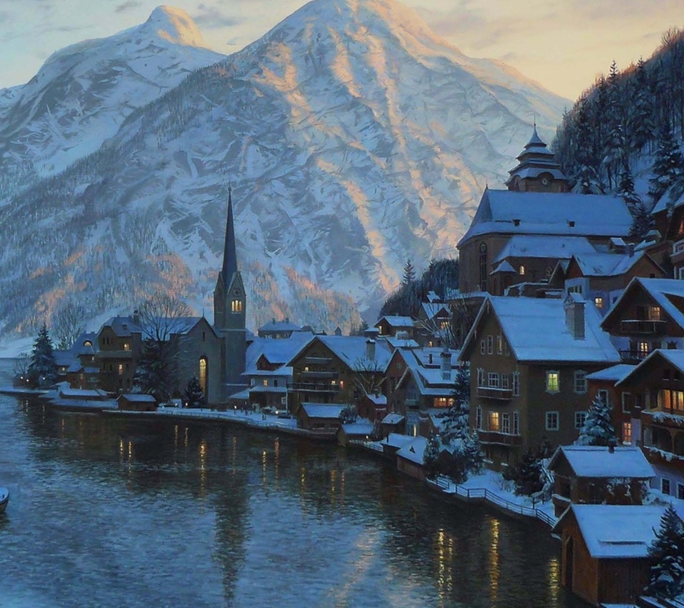 hallstatt, austria, Eugeny lushpin, lake, mountain, lushpin, painting, alps, town, village