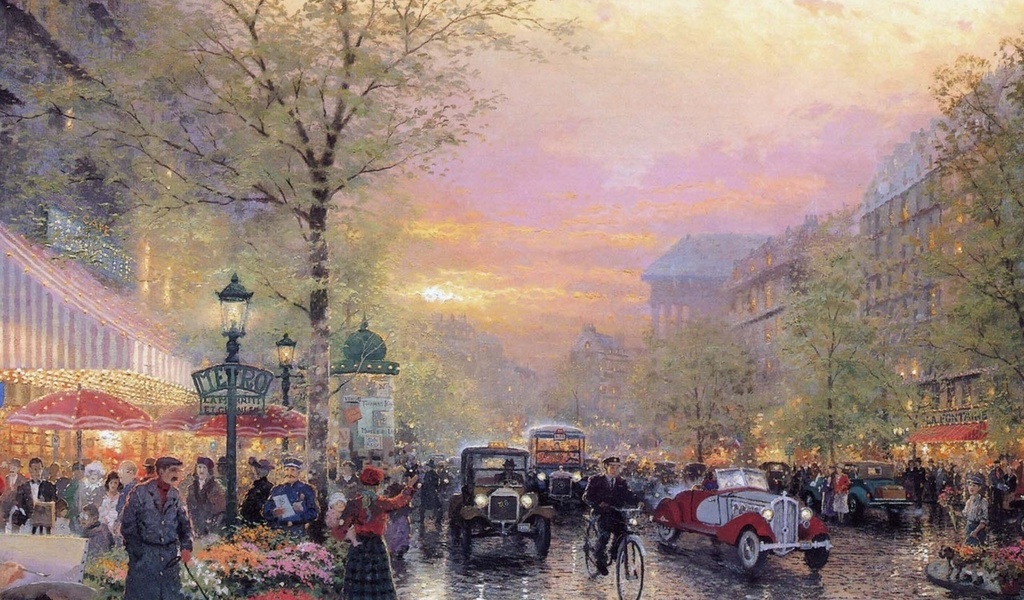 painting, thomas kinkade, france, le boulevard des lumieres at dusk, art, city of lights, Paris