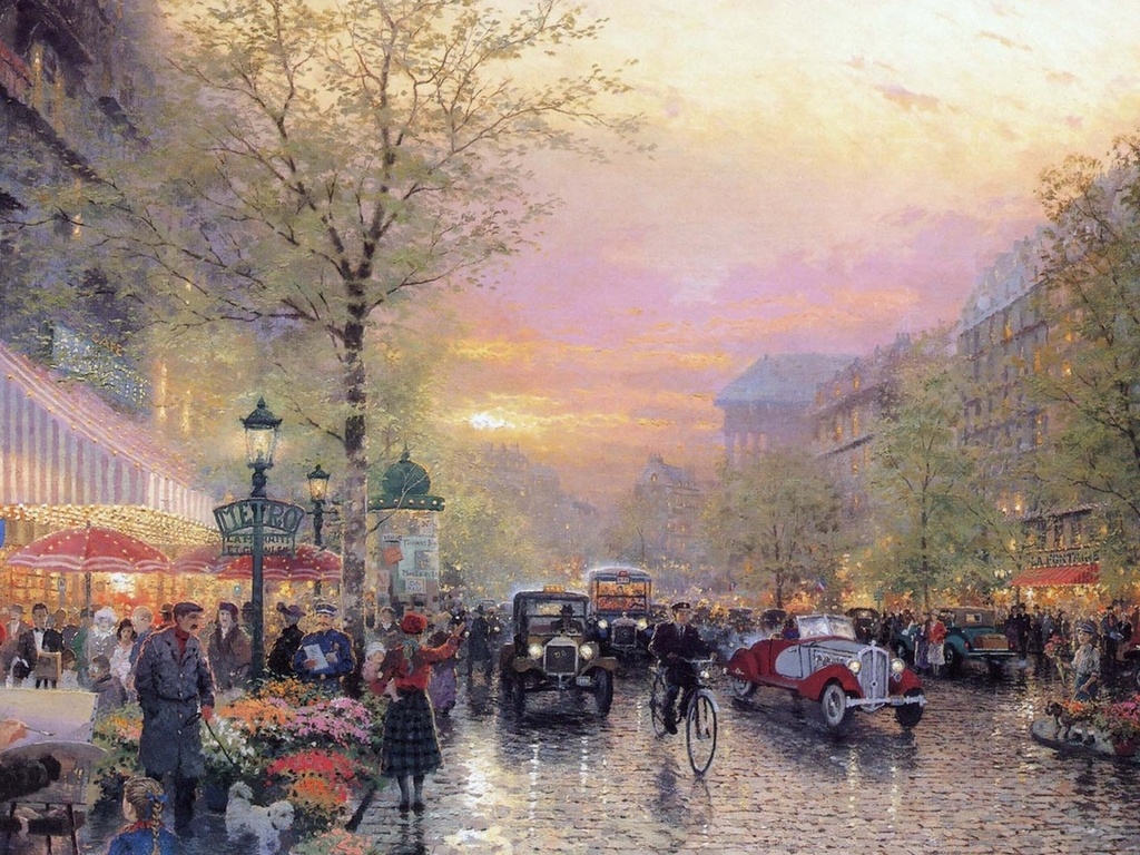 painting, thomas kinkade, france, le boulevard des lumieres at dusk, art, city of lights, Paris