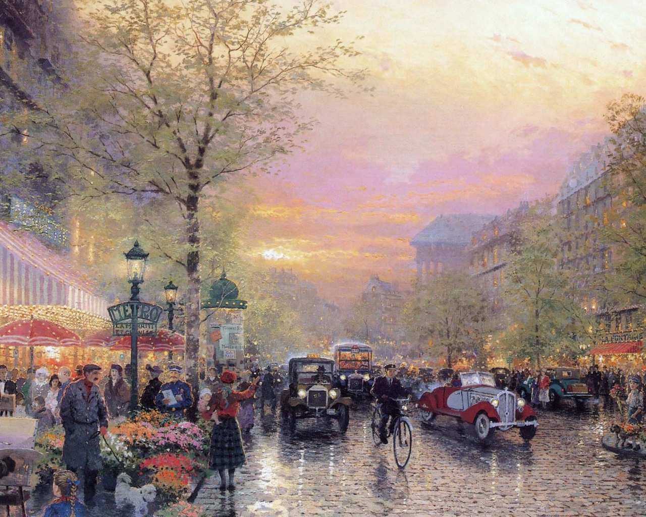 painting, thomas kinkade, france, le boulevard des lumieres at dusk, art, city of lights, Paris