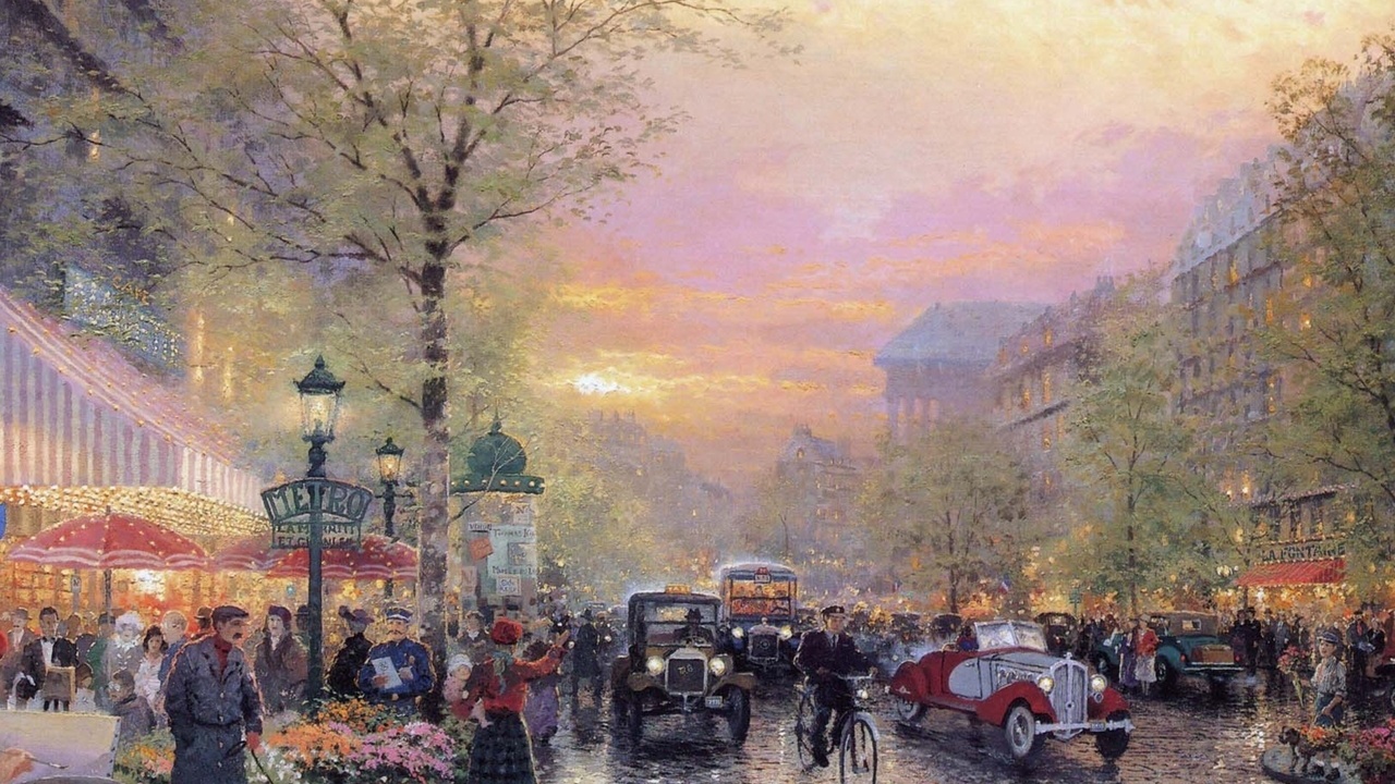 painting, thomas kinkade, france, le boulevard des lumieres at dusk, art, city of lights, Paris