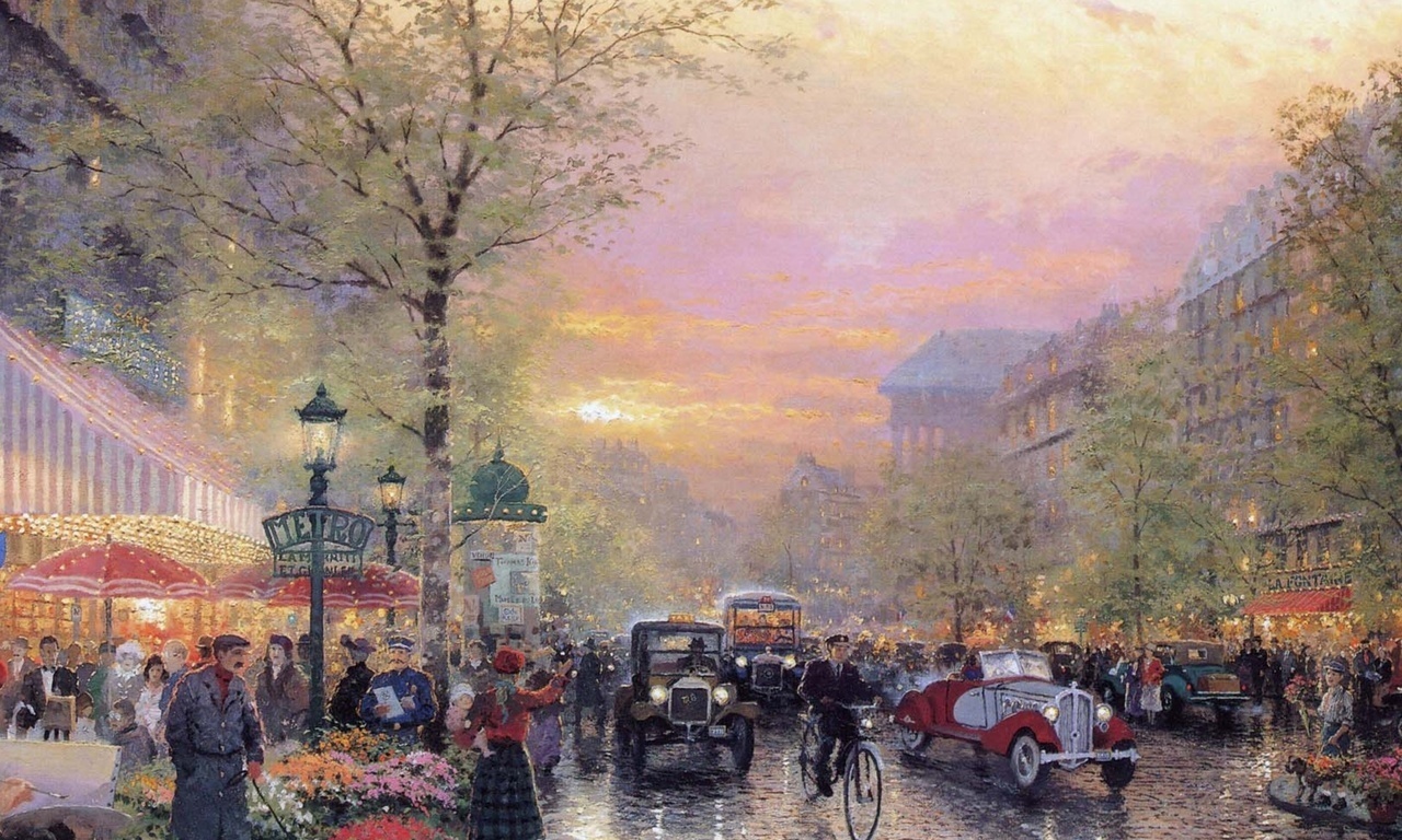 painting, thomas kinkade, france, le boulevard des lumieres at dusk, art, city of lights, Paris