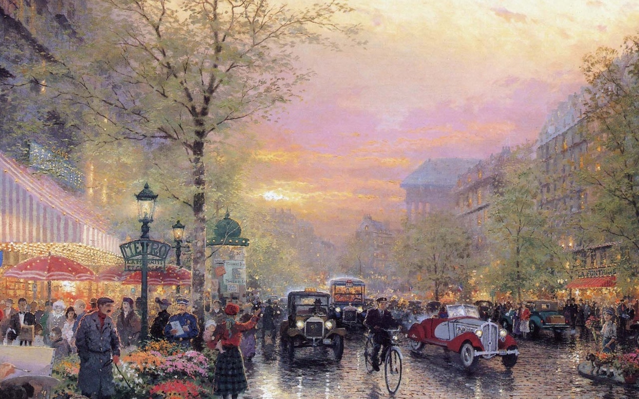 painting, thomas kinkade, france, le boulevard des lumieres at dusk, art, city of lights, Paris