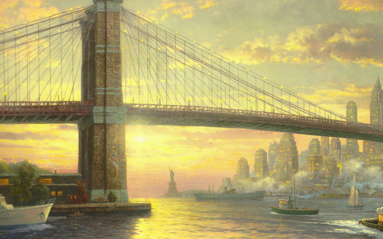 flag, thomas kinkade, city, painting, new york, bridge, usa, The spirit of new york