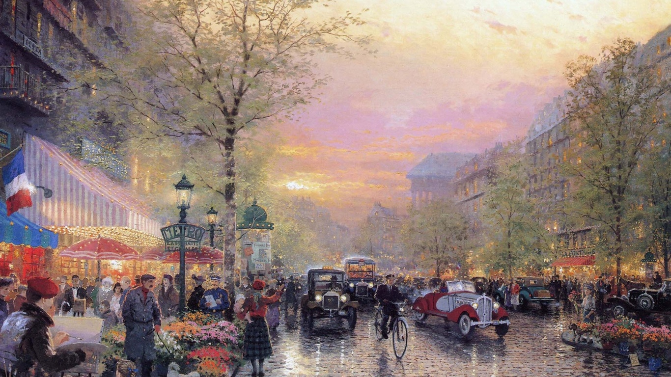 painting, thomas kinkade, france, le boulevard des lumieres at dusk, art, city of lights, Paris