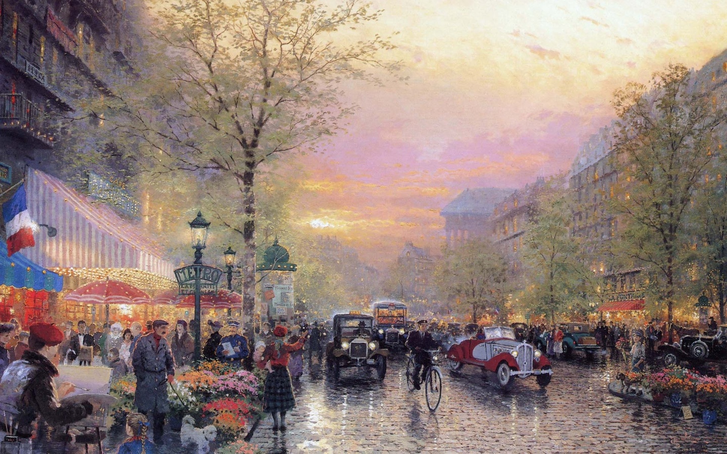 painting, thomas kinkade, france, le boulevard des lumieres at dusk, art, city of lights, Paris