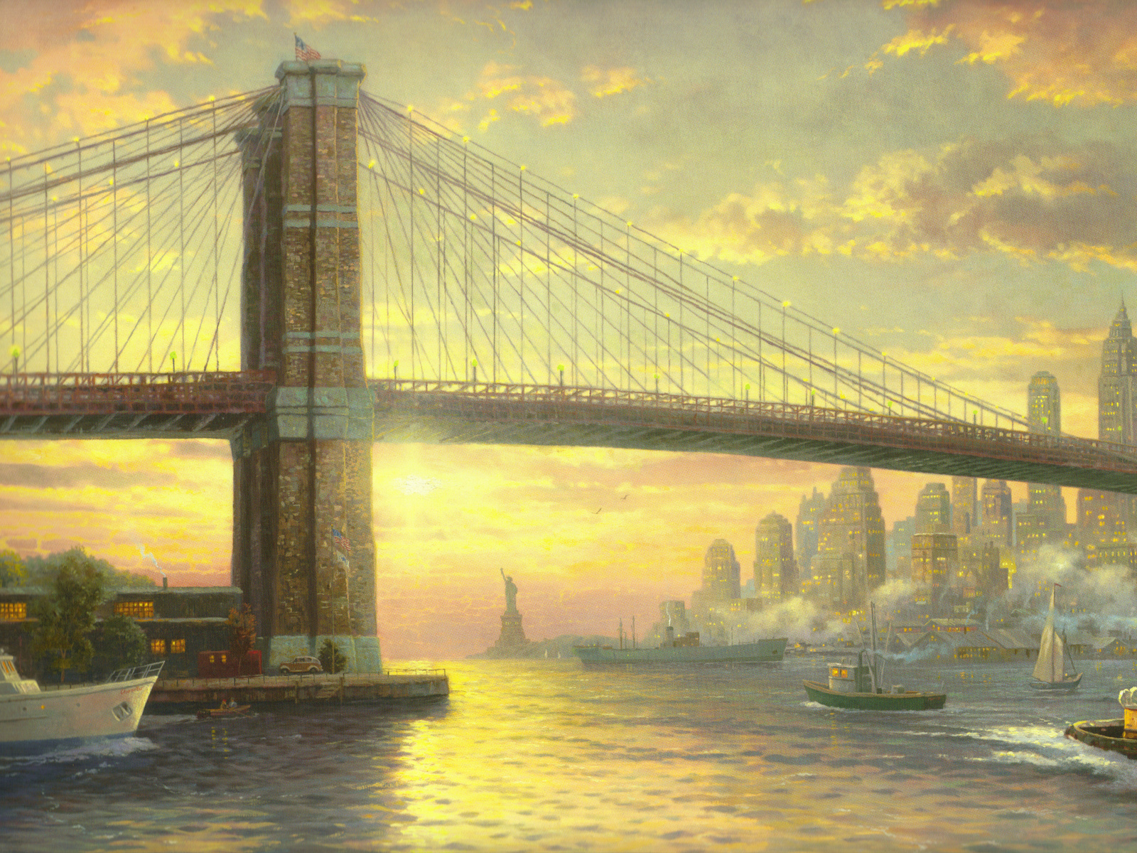 flag, thomas kinkade, city, painting, new york, bridge, usa, The spirit of new york