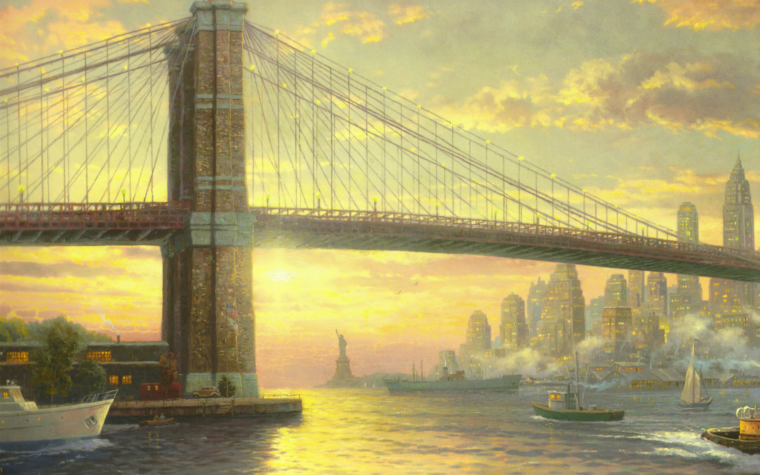 flag, thomas kinkade, city, painting, new york, bridge, usa, The spirit of new york