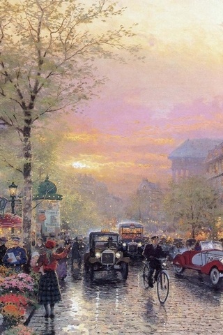 painting, thomas kinkade, france, le boulevard des lumieres at dusk, art, city of lights, Paris