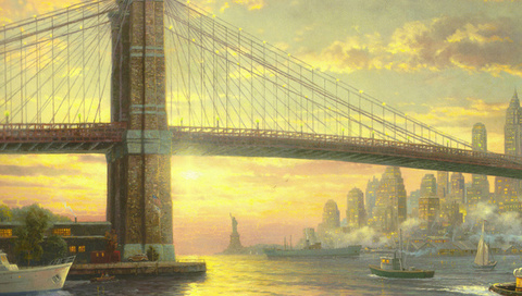 flag, thomas kinkade, city, painting, new york, bridge, usa, The spirit of new york