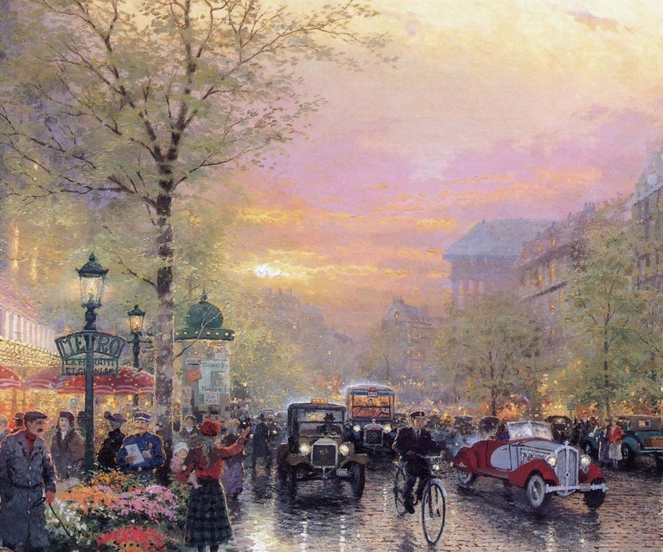 painting, thomas kinkade, france, le boulevard des lumieres at dusk, art, city of lights, Paris