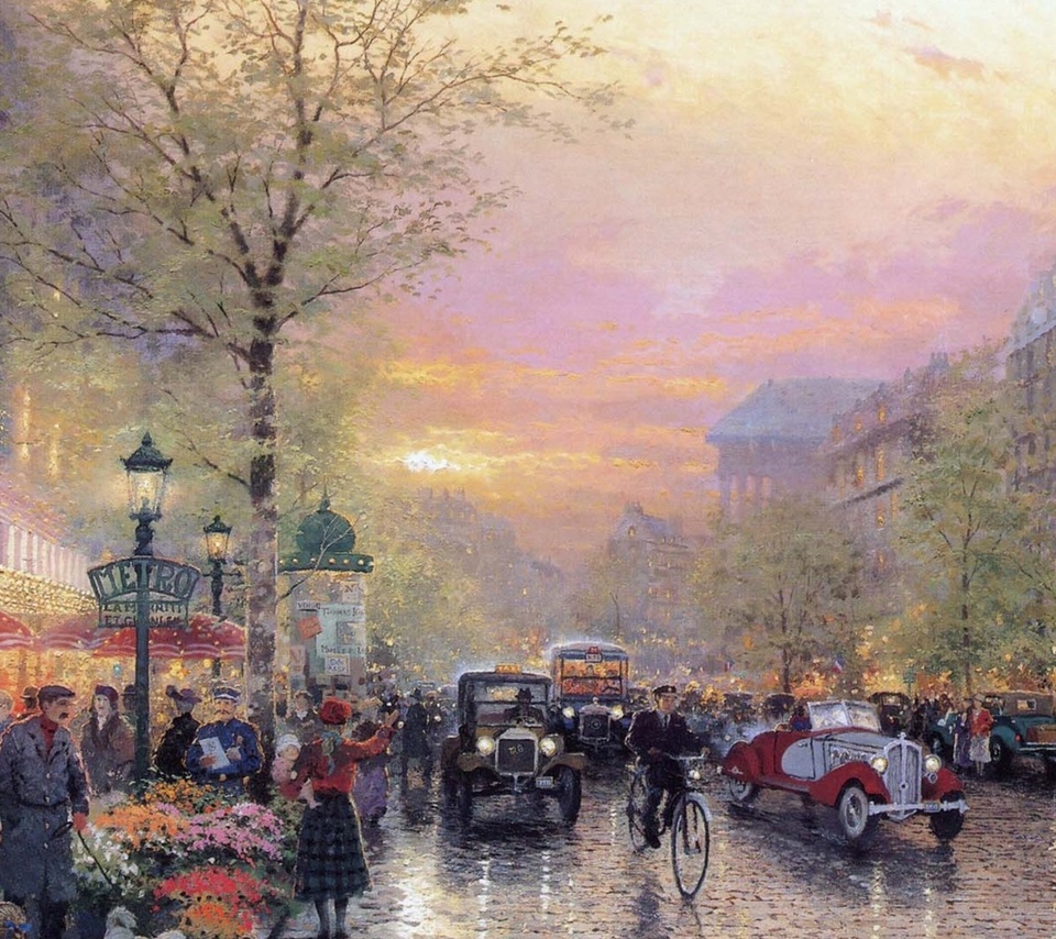 painting, thomas kinkade, france, le boulevard des lumieres at dusk, art, city of lights, Paris