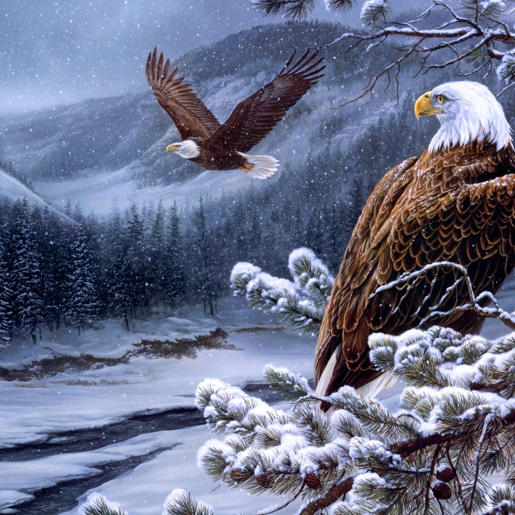 spirit of the wild-bald eagles, , winter, painting, Rosemary milette, river, eagles