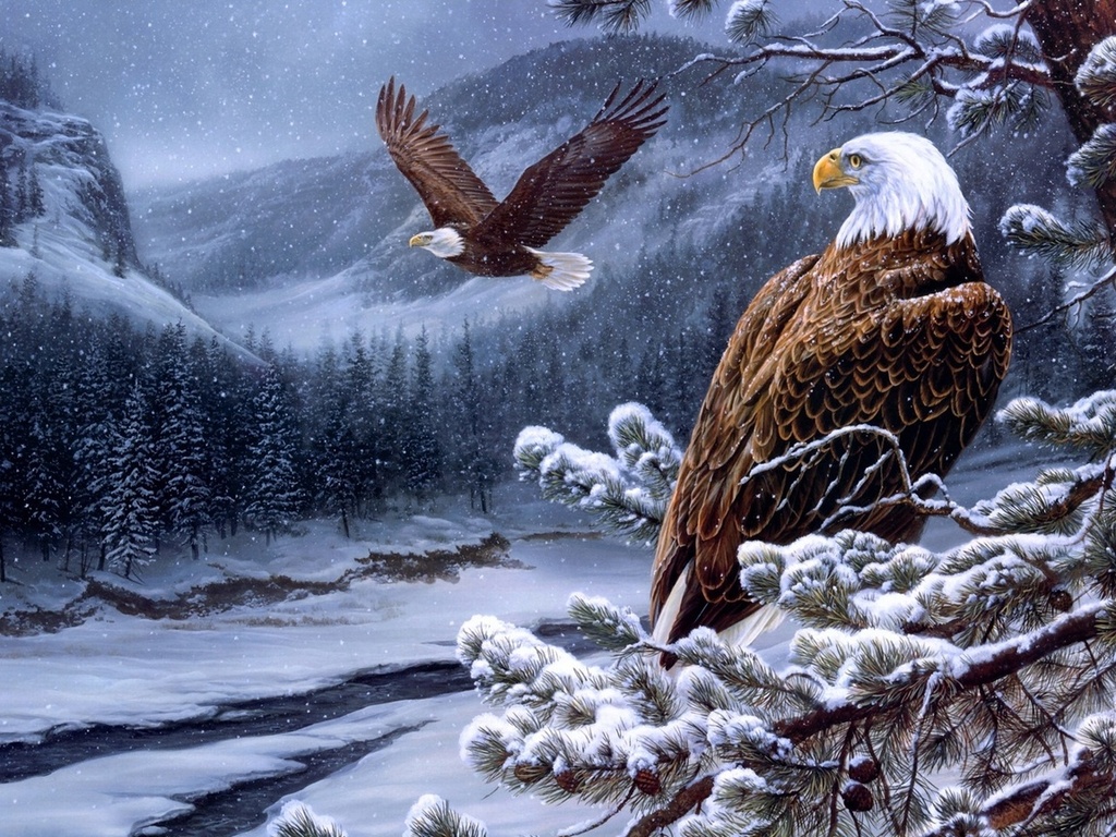 spirit of the wild-bald eagles, , winter, painting, Rosemary milette, river, eagles