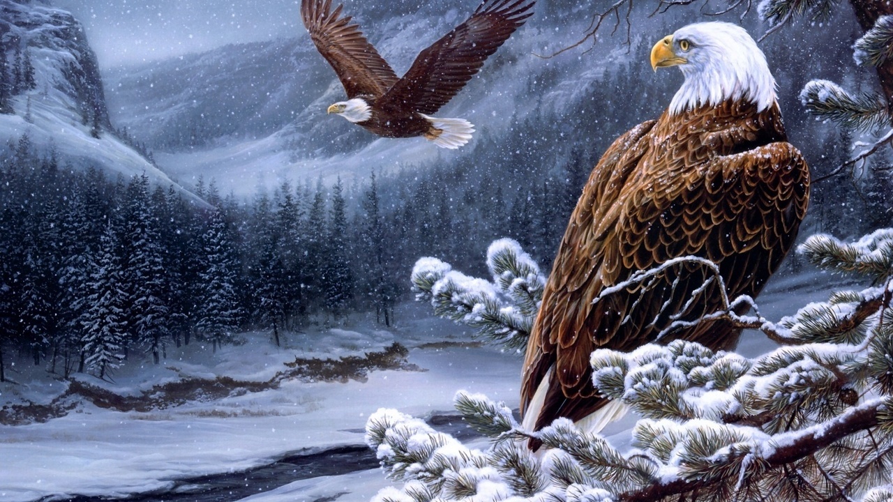 spirit of the wild-bald eagles, , winter, painting, Rosemary milette, river, eagles