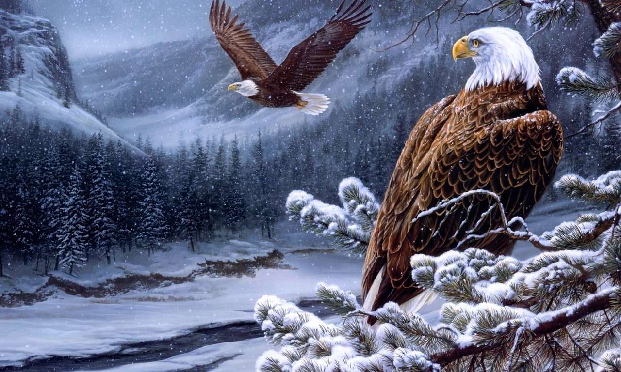 spirit of the wild-bald eagles, , winter, painting, Rosemary milette, river, eagles