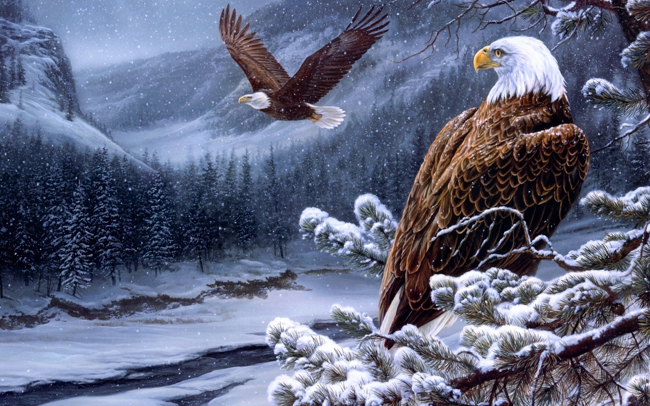 spirit of the wild-bald eagles, , winter, painting, Rosemary milette, river, eagles