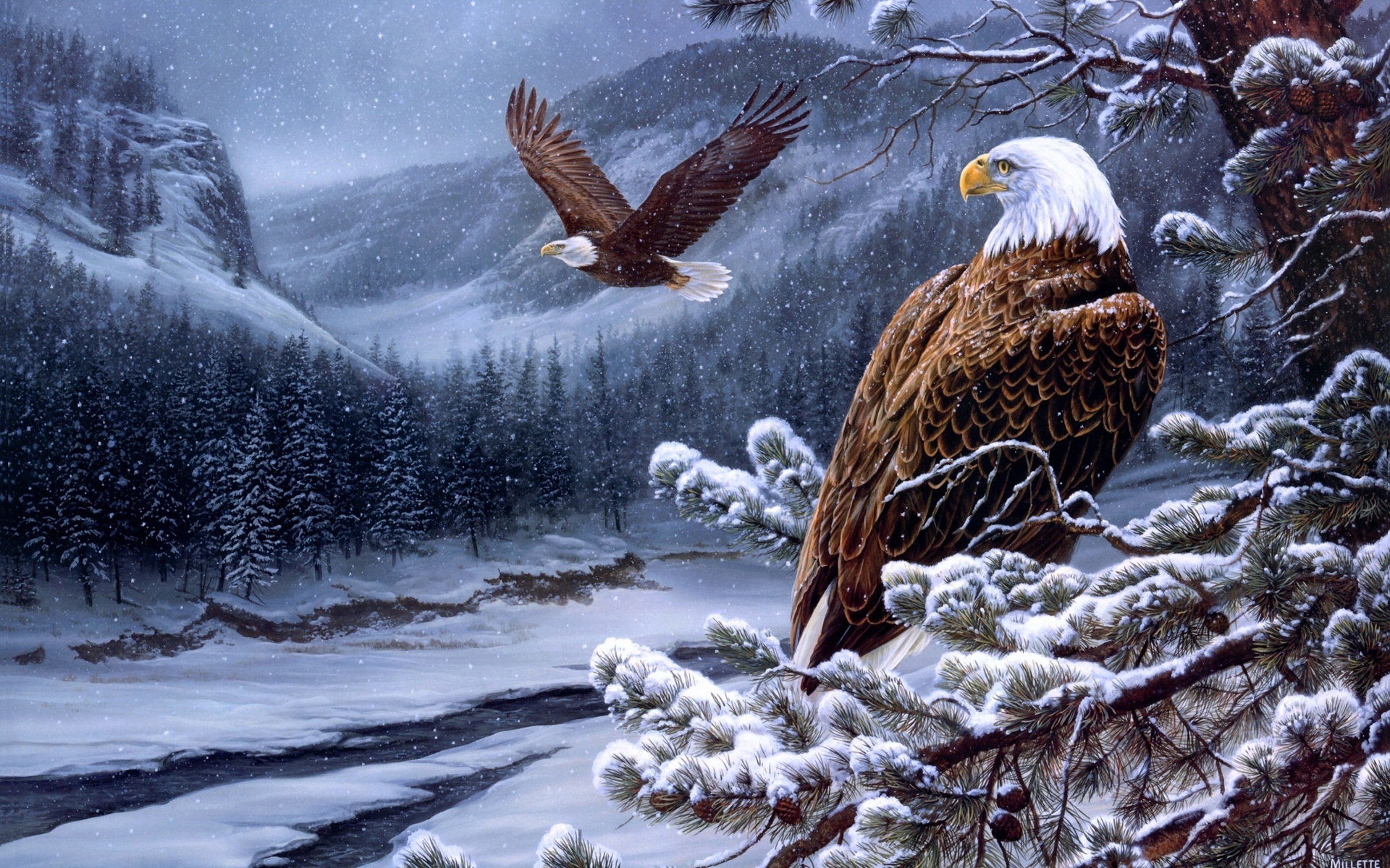 spirit of the wild-bald eagles, , winter, painting, Rosemary milette, river, eagles