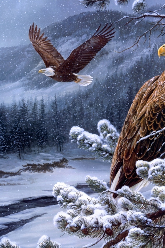 spirit of the wild-bald eagles, , winter, painting, Rosemary milette, river, eagles