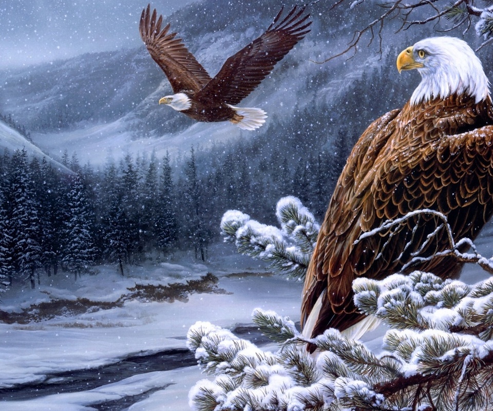 spirit of the wild-bald eagles, , winter, painting, Rosemary milette, river, eagles