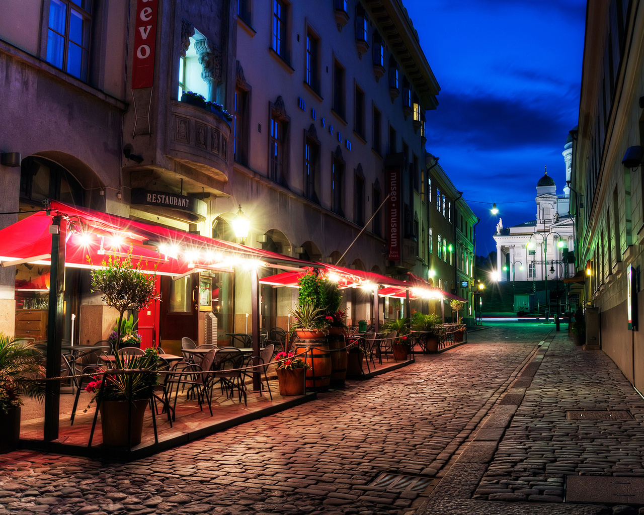 pavement, finland, helsinki, restaurant, street, evening