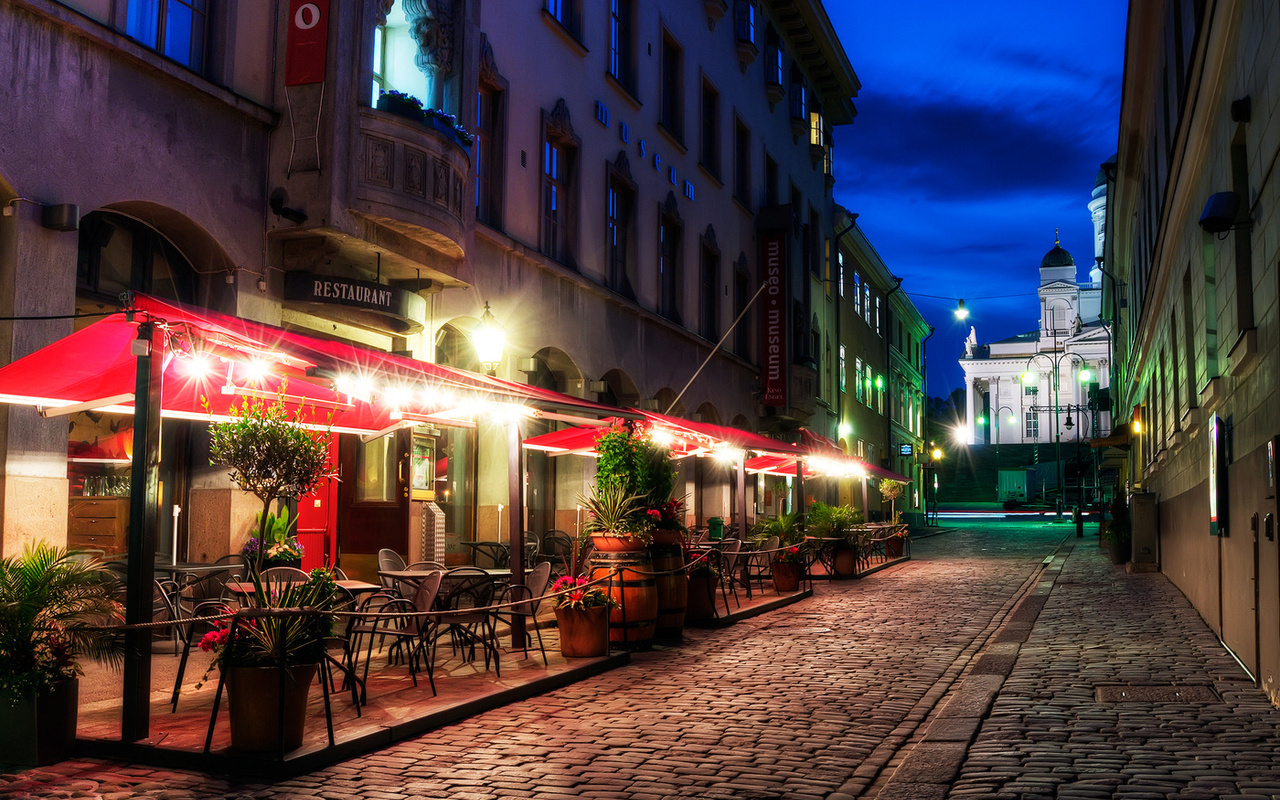 pavement, finland, helsinki, restaurant, street, evening